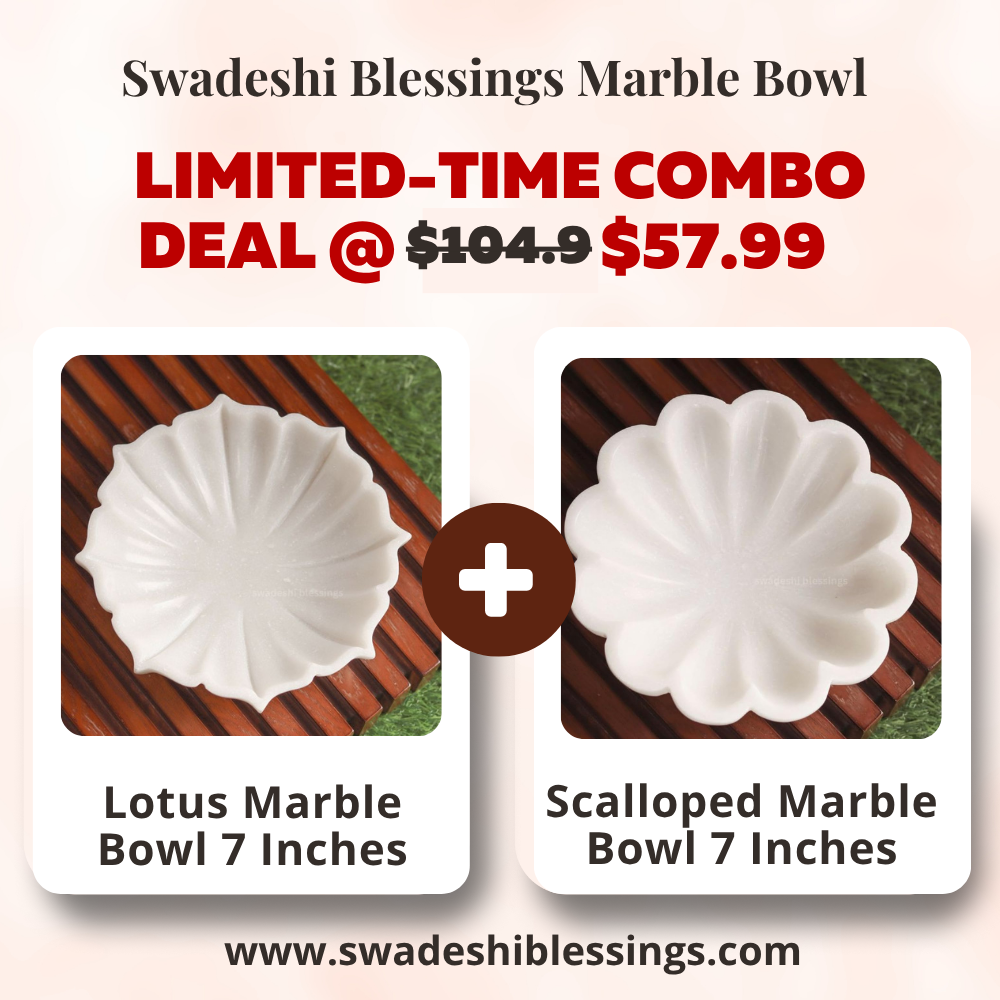 Premium Handcrafted Marble Scalloped Bowl 7 Inch & Antique Lotus Bowl 7 Inch Combo | Fluted Bowl | Marble Decorative Bowl