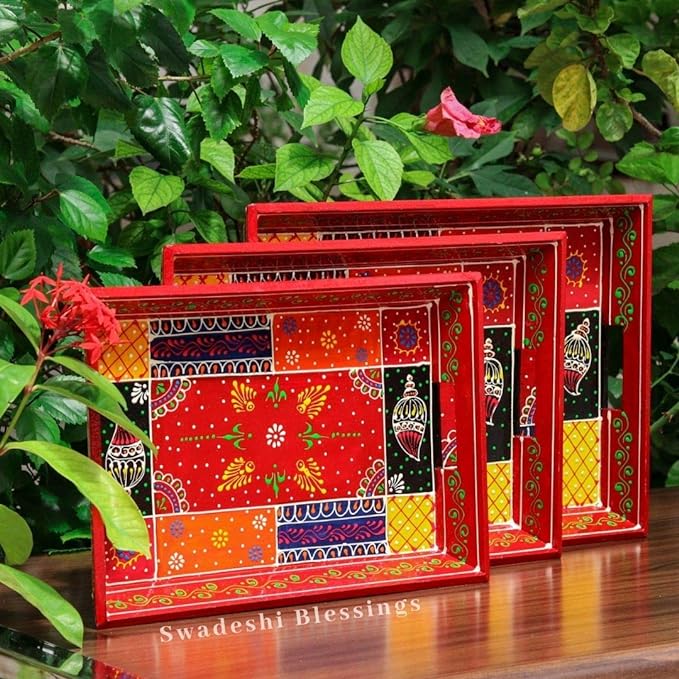 Premium HandPainted Wooden Serving Tray Set of 3 | Antique Diwali Decoration | Home Decor | Wedding, Housewarming Gift | Gift For Her Swadeshi Blessings