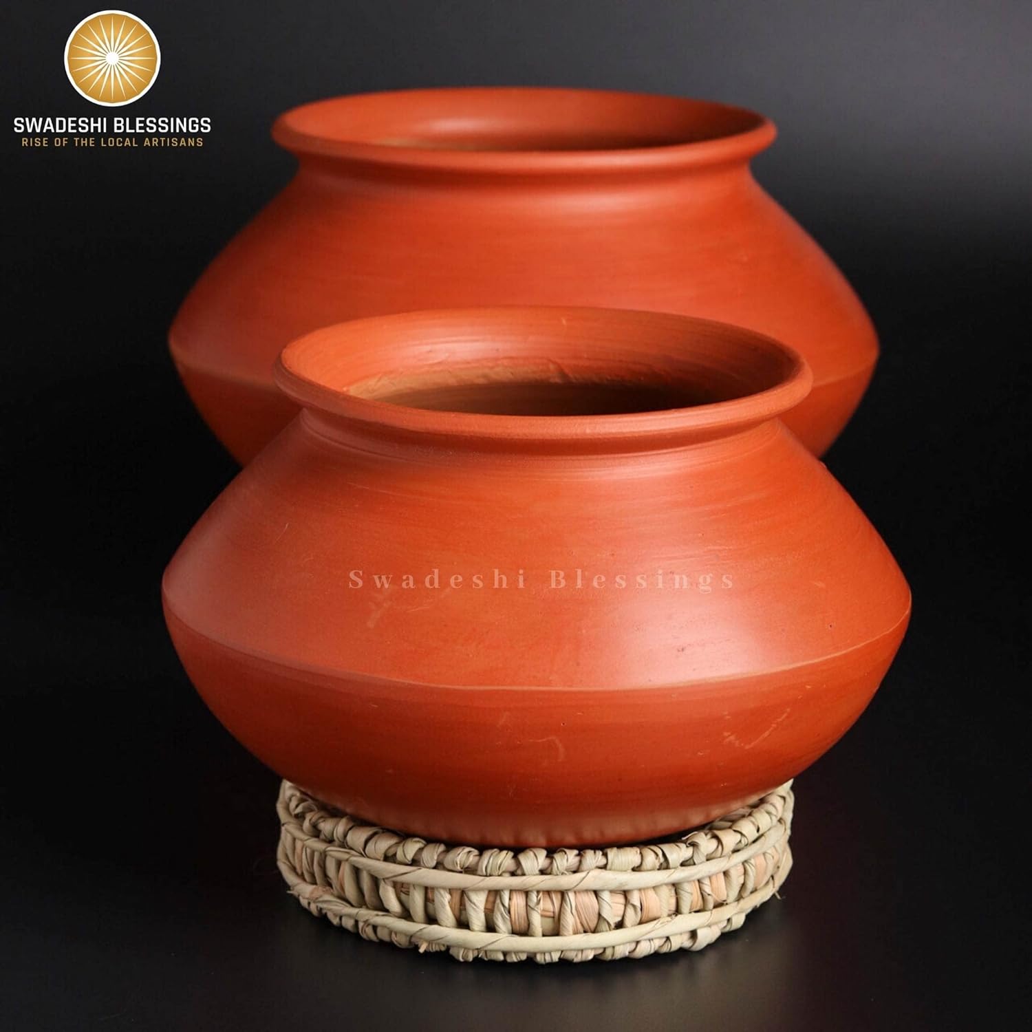 Premium Unglazed Clay Pot for Cooking | Earthen Kadhai | Kerela Handi | Clay Handi for Serving with Lid, 2.8L | Includes Free Palm Leaf Stand and Ash for Cleaning Swadeshi Blessings