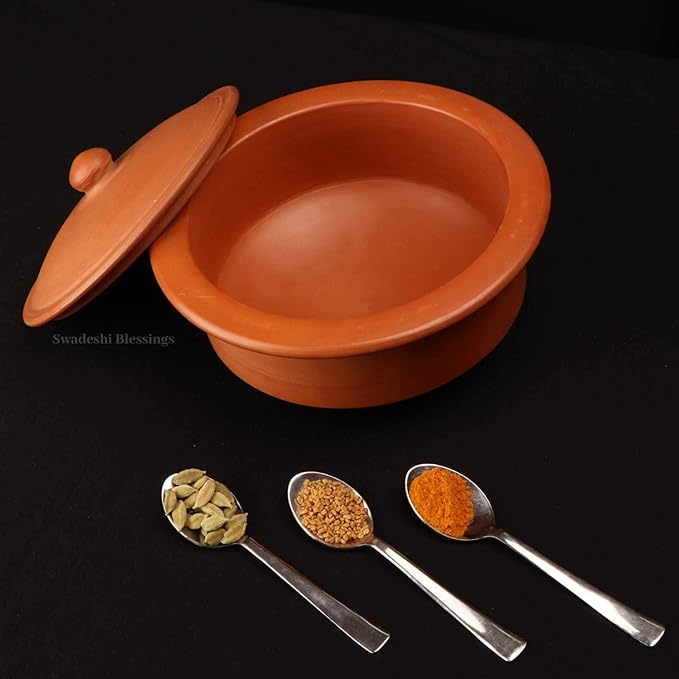 Unglazed Clay Pot for Cooking | Earthen Kadhai | Terracota Bhagona  | Clay Handi for Cooking &amp; Serving with Lid