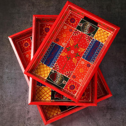 Premium HandPainted Wooden Serving Tray Set of 3 | Antique Diwali Decoration | Home Decor | Wedding, Housewarming Gift | Gift For Her