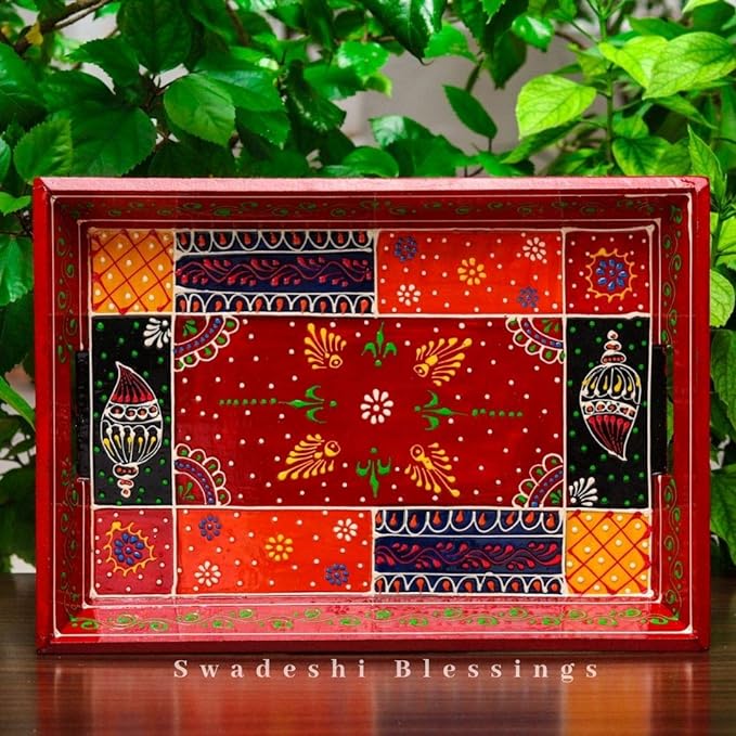 Premium HandPainted Wooden Serving Tray Set of 3 | Antique Diwali Decoration | Home Decor | Wedding, Housewarming Gift | Gift For Her Swadeshi Blessings