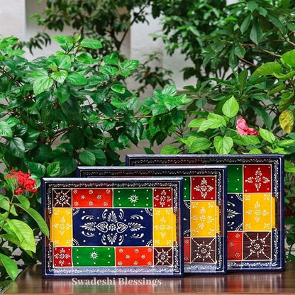 Premium HandPainted Wooden Serving Tray Set of 3 | Antique Diwali Decoration | Home Decor | Wedding, Housewarming Gift | Gift For Her Swadeshi Blessings