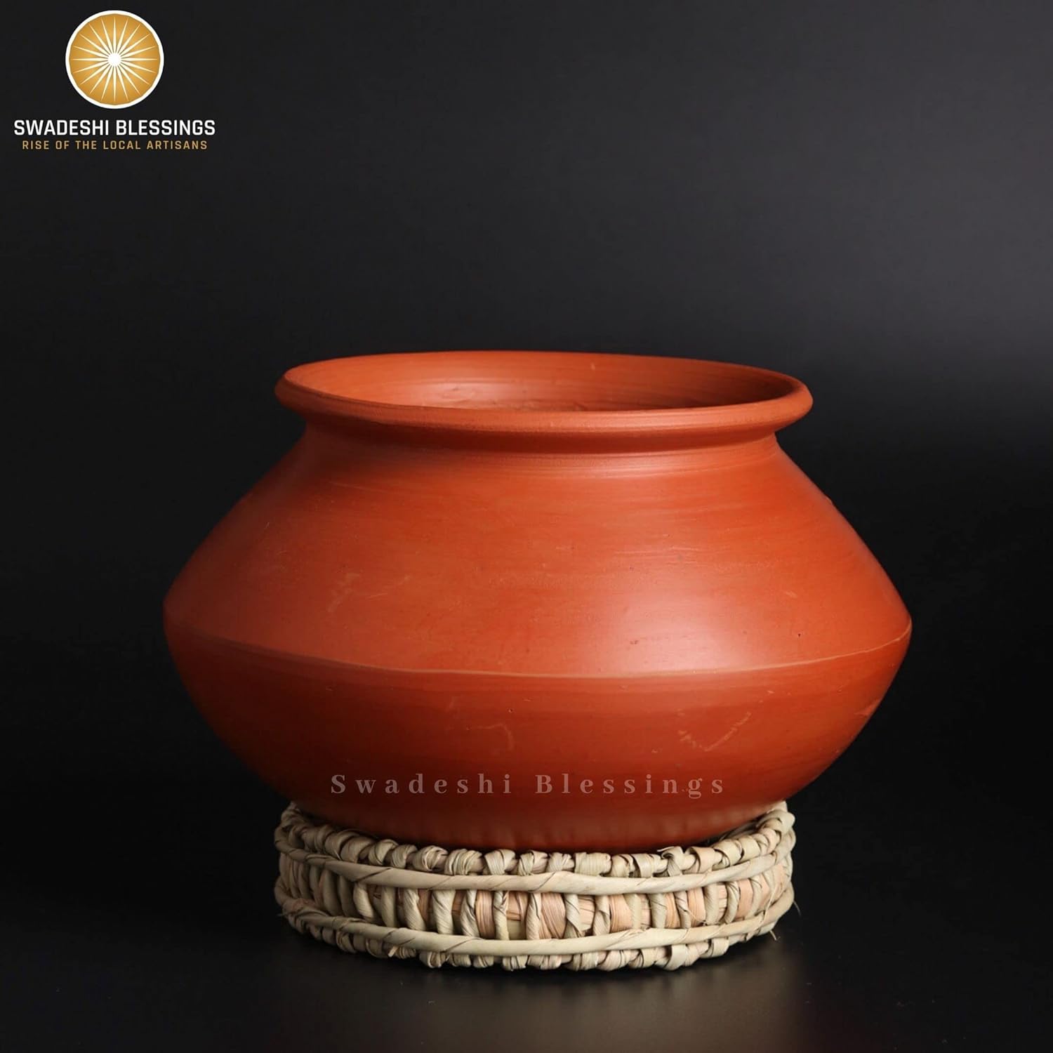 Premium Unglazed Clay Pot for Cooking | Earthen Kadhai | Kerela Handi | Clay Handi for Serving with Lid, 2.8L | Includes Free Palm Leaf Stand and Ash for Cleaning Swadeshi Blessings