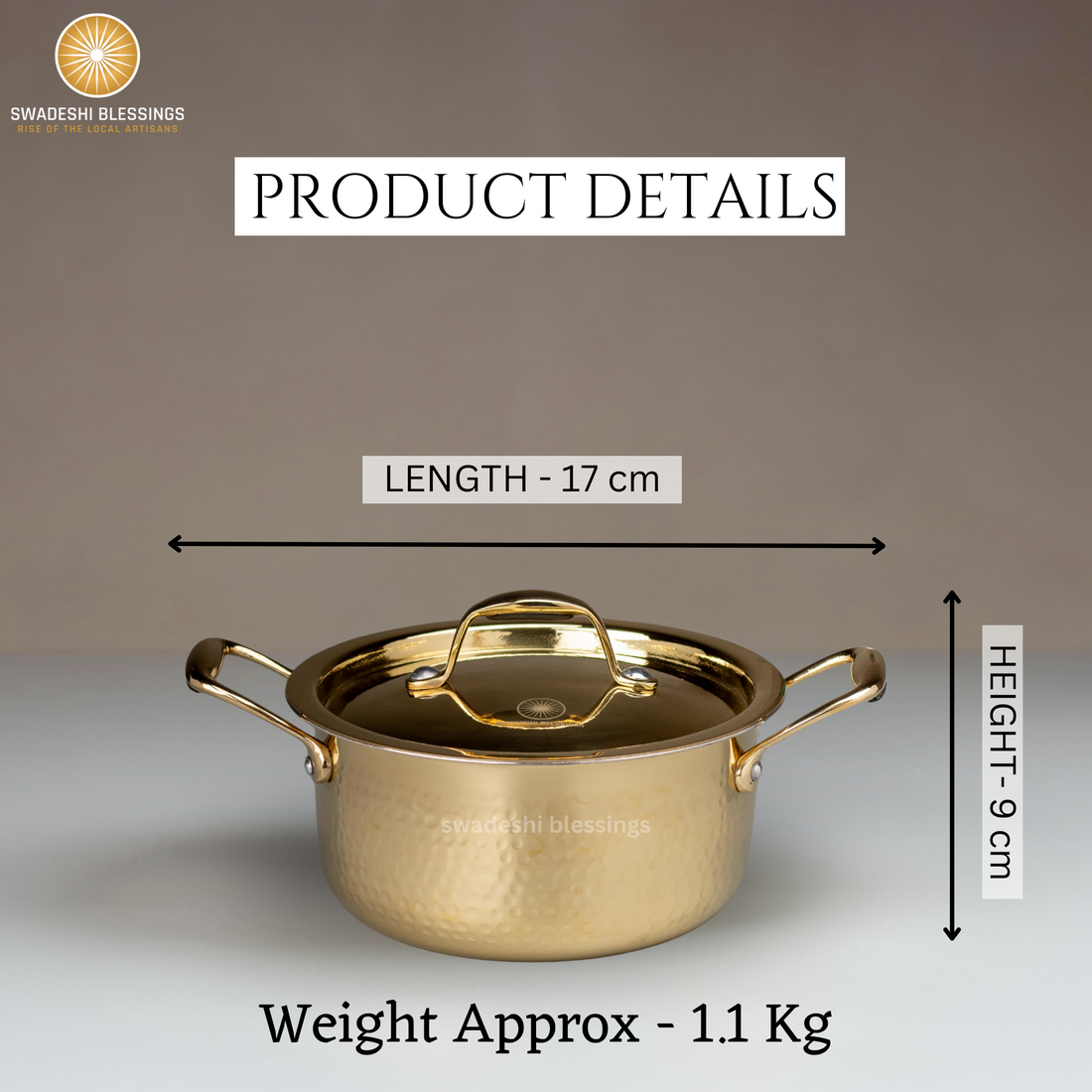 Swadeshi Blessings Exclusive Range Brass Pot/ Stock Pot for Cooking with Lid/Teflon-Free/Naturally Non-Stick Brass Utensils with Tin Coating