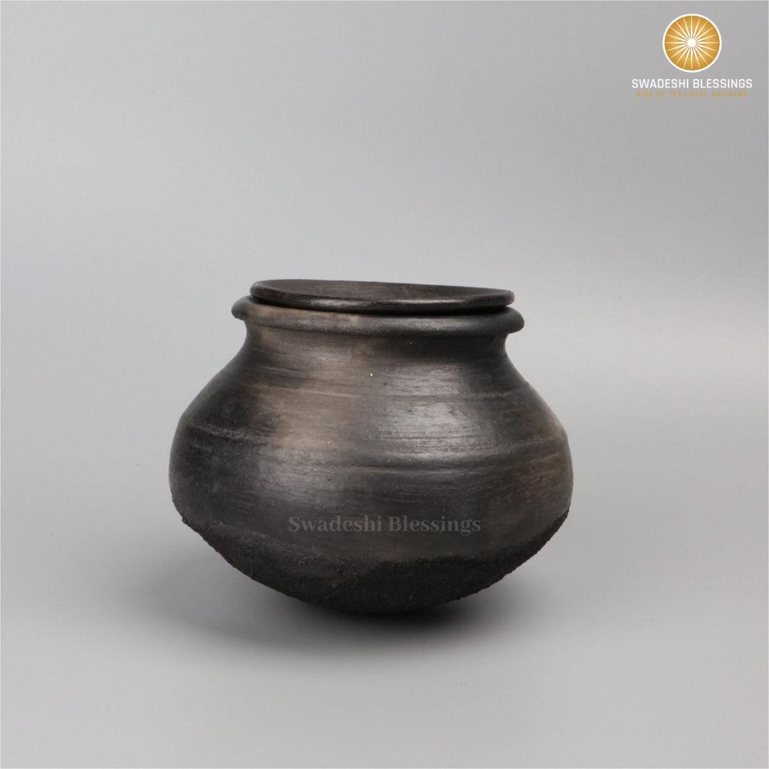 Premium Unglazed Clay Pot for Cooking | Earthen Kadhai | Terracota Black Handi | Clay Handi for Serving with Lid Black | Includes Free Palm Leaf Stand and Ash for Cleaning