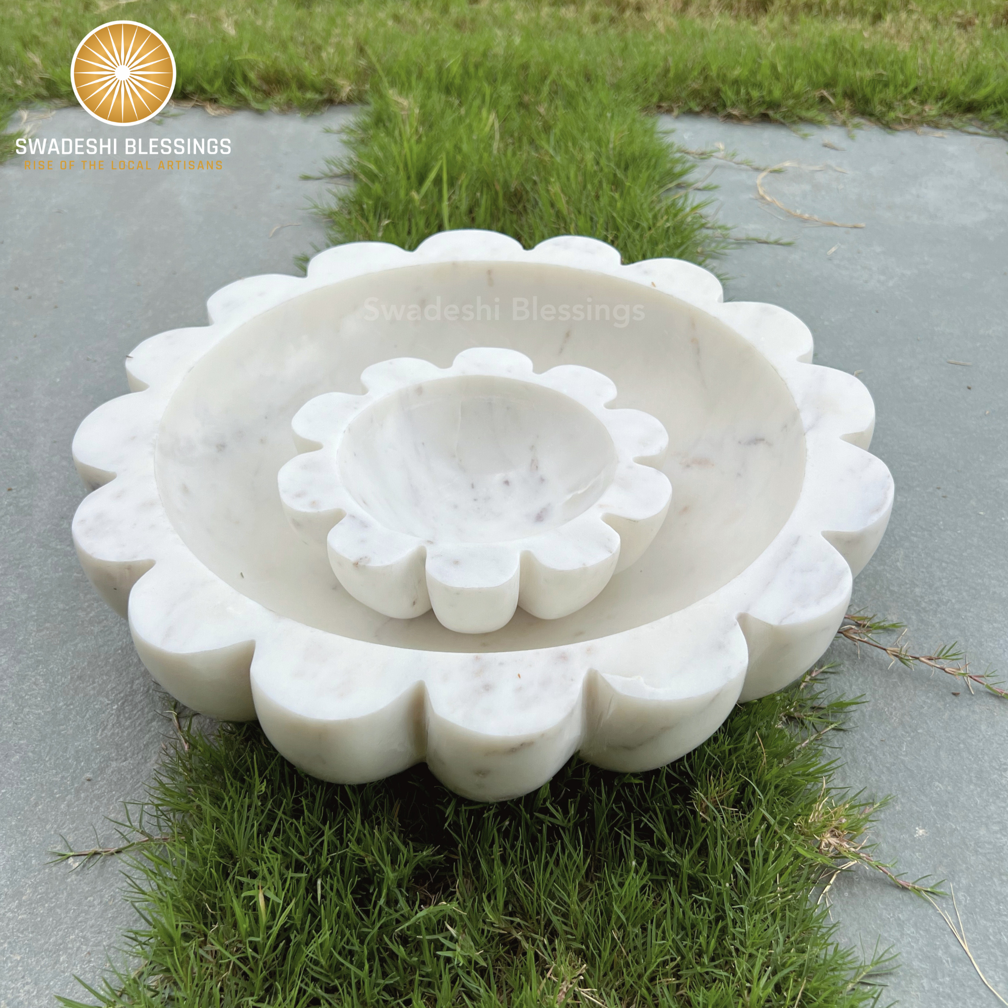 HandCrafted Marble Large Decorative Bowl | White Decorative Bowls for Home Decor | Ruffle Bowl | Scalloped Bowl | Fluted Bowl | Key/Fruit Bowl | Ring Dish | Organic Modern Home Decor Bowl | 6-10 Inches