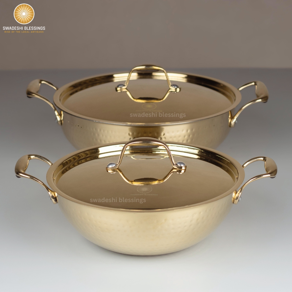 Swadeshi Blessings Exclusive Range Brass Kadai/ Wok Pan for Cooking with Lid/Teflon-Free/Naturally Non-Stick Brass Utensils with Tin Coating