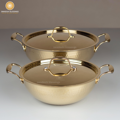 Swadeshi Blessings Exclusive Range Brass Kadai/ Wok Pan for Cooking with Lid/Teflon-Free/Naturally Non-Stick Brass Utensils with Tin Coating