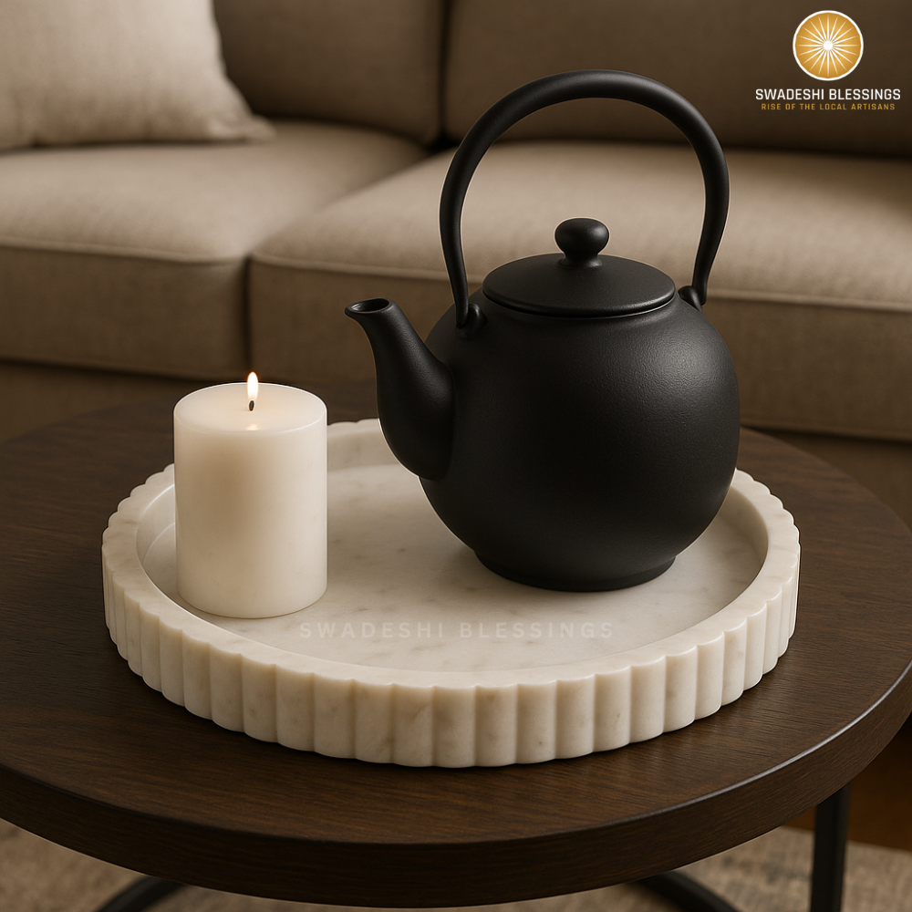 Handcrafted Marble Decorative Tray for Coffee Table Decor, Round Trays Home Decor, Ottoman Tray for Living Room, Coffee Table Tray, Dining Table Centerpiece Decor, Farmhouse Decor, 11&