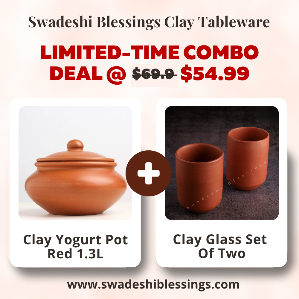 Unglazed Clay Dahi Handi/ Clay Curd Pot with Lid 1.3L &amp; Clay Glass Set Combo  (with Natural White Firing Shade &amp; Mirror Shine) + Free ASH for Cleaning