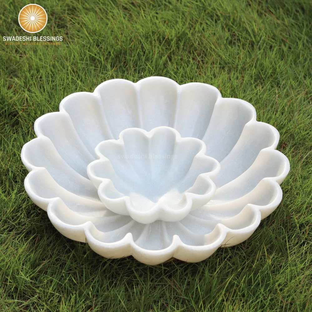 HandCrafted Marble Large Decorative Bowl | White Decorative Bowls for Home Decor | Ruffle Bowl | Scalloped Bowl | Fluted Bowl | Key/Fruit Bowl | Ring Dish | Organic Modern Home Decor Bowl | 6-12 Inches