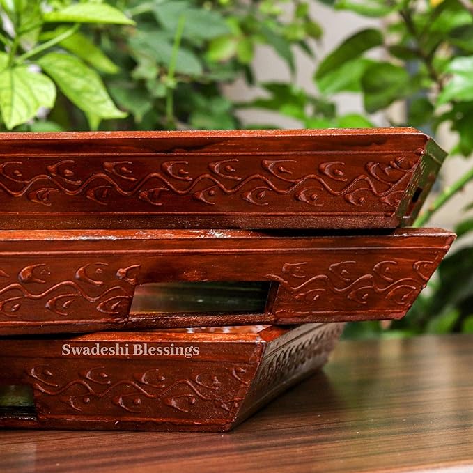 Premium HandPainted Wooden Serving Tray Set of 3 | Antique Diwali Decoration | Home Decor | Wedding, Housewarming Gift | Gift For Her Swadeshi Blessings