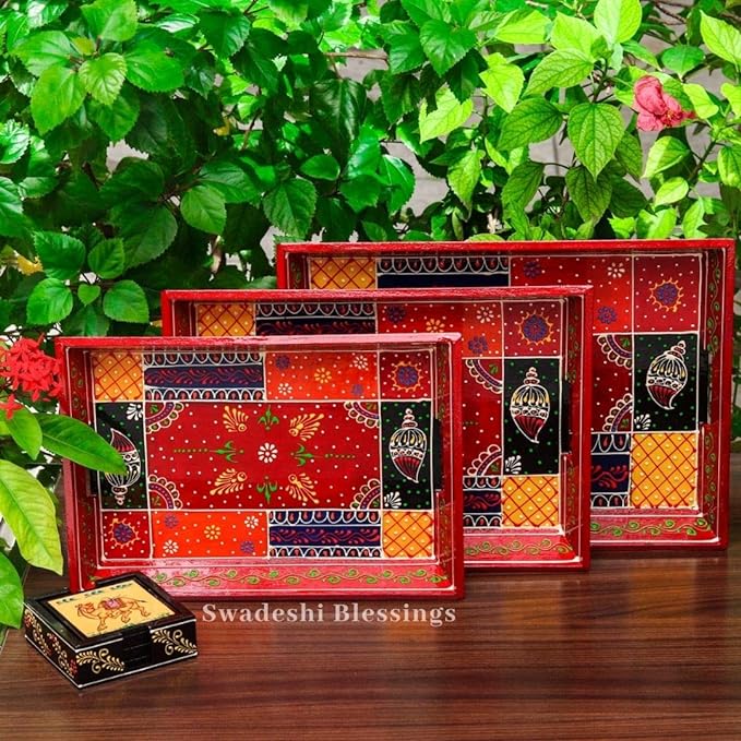 Premium HandPainted Wooden Serving Tray Set of 3 | Antique Diwali Decoration | Home Decor | Wedding, Housewarming Gift | Gift For Her Swadeshi Blessings