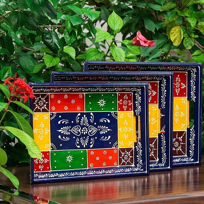 Premium HandPainted Wooden Serving Tray Set of 3 | Antique Diwali Decoration | Home Decor | Wedding, Housewarming Gift | Gift For Her Swadeshi Blessings