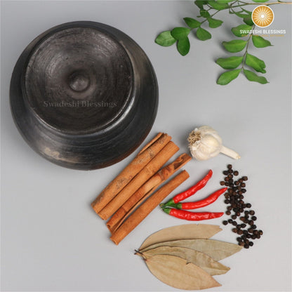 Premium Unglazed Clay Pot for Cooking | Earthen Kadhai | Terracota Black Handi | Clay Handi for Serving with Lid Black | Includes Free Palm Leaf Stand and Ash for Cleaning