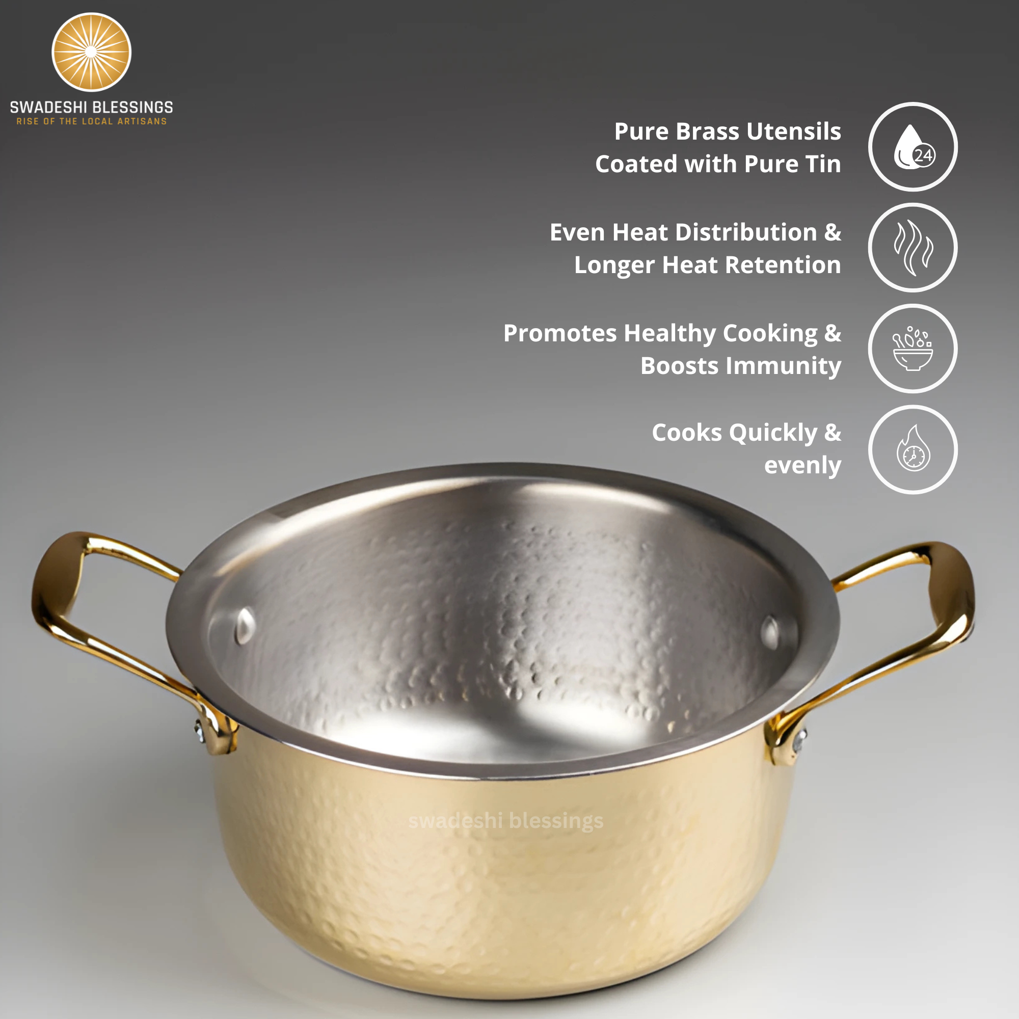 Swadeshi Blessings Exclusive Range Brass Pot/ Stock Pot for Cooking with Lid/Teflon-Free/Naturally Non-Stick Brass Utensils with Tin Coating