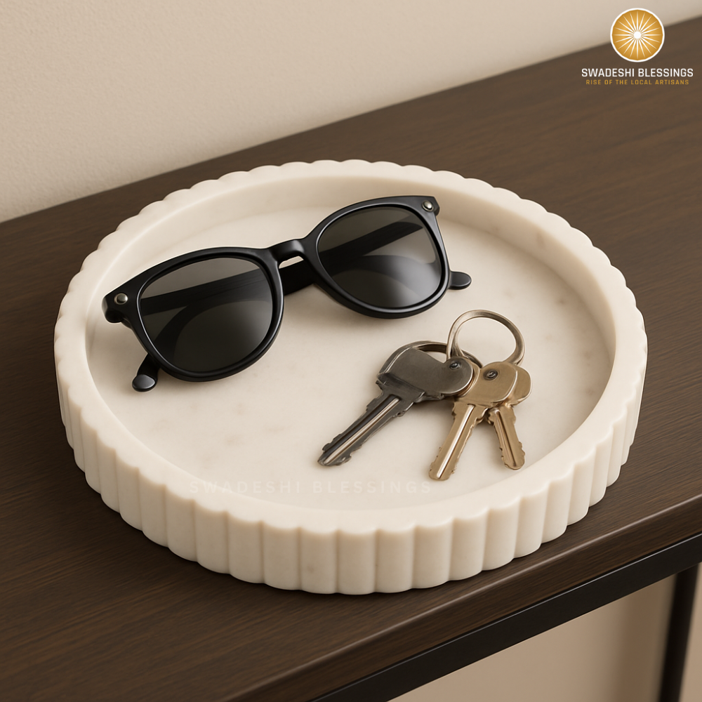 Handcrafted Marble Decorative Tray for Coffee Table Decor, Round Trays Home Decor, Ottoman Tray for Living Room, Coffee Table Tray, Dining Table Centerpiece Decor, Farmhouse Decor, 11&