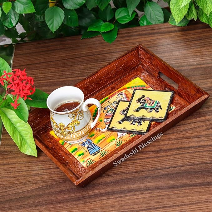 Premium HandPainted Wooden Serving Tray Set of 3 | Antique Diwali Decoration | Home Decor | Wedding, Housewarming Gift | Gift For Her Swadeshi Blessings