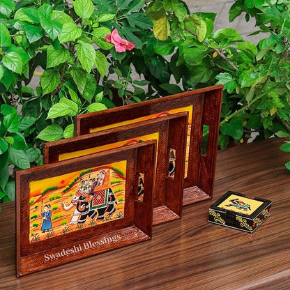 Premium HandPainted Wooden Serving Tray Set of 3 | Antique Diwali Decoration | Home Decor | Wedding, Housewarming Gift | Gift For Her Swadeshi Blessings