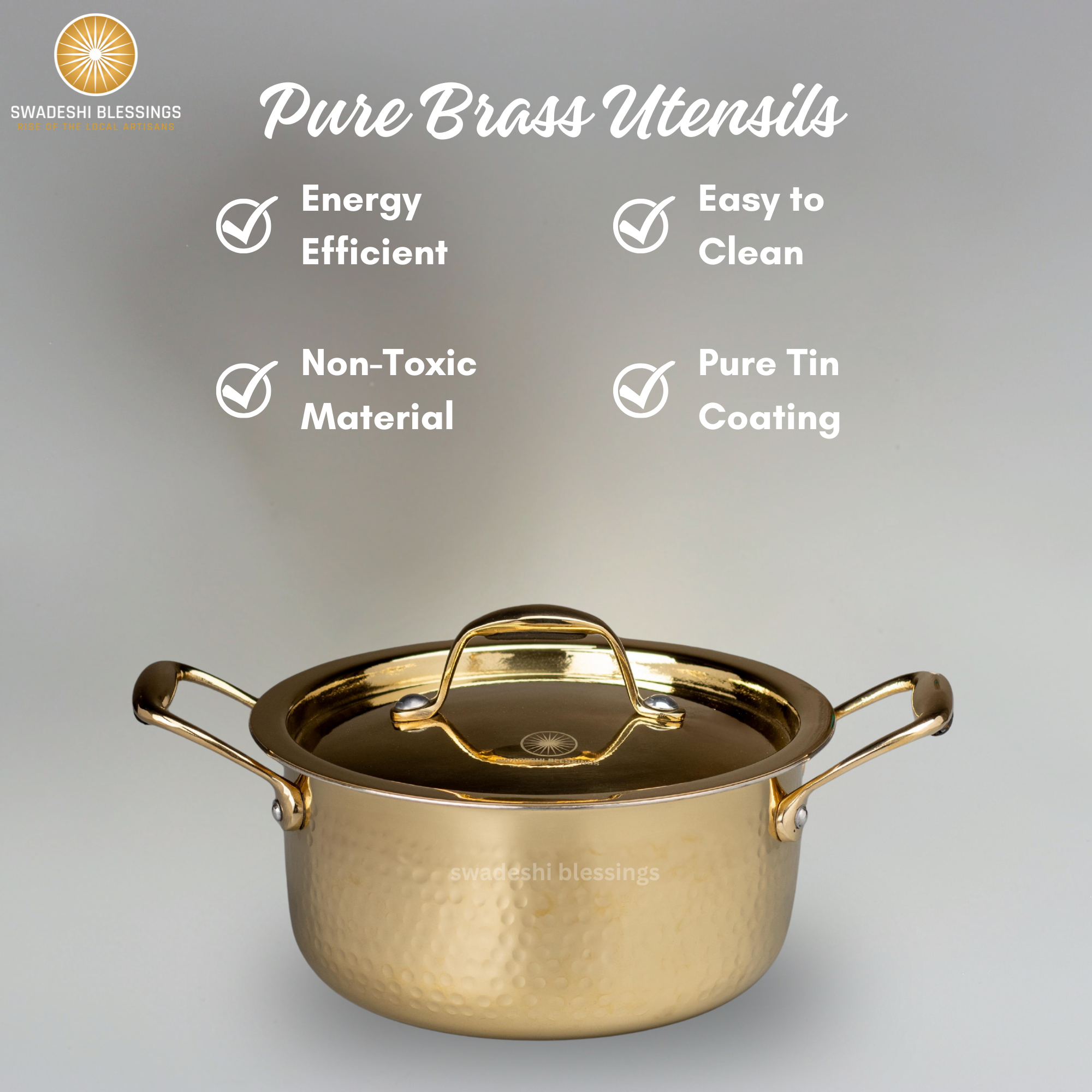 Swadeshi Blessings Exclusive Range Brass Pot/ Stock Pot for Cooking with Lid/Teflon-Free/Naturally Non-Stick Brass Utensils with Tin Coating