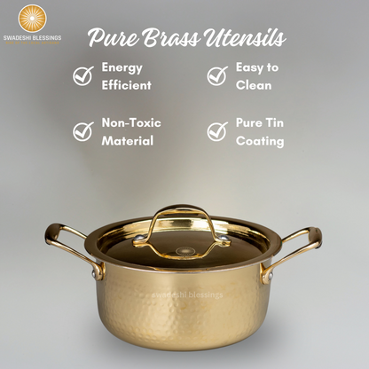 Swadeshi Blessings Exclusive Range Brass Pot/ Stock Pot for Cooking with Lid/Teflon-Free/Naturally Non-Stick Brass Utensils with Tin Coating