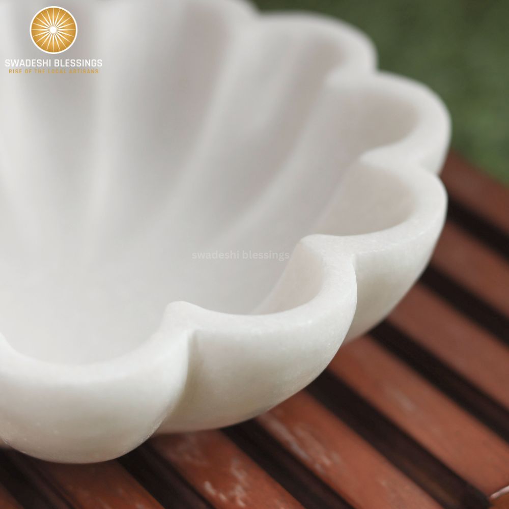 HandCrafted Marble Large Decorative Bowl | White Decorative Bowls for Home Decor | Ruffle Bowl | Scalloped Bowl | Fluted Bowl | Key/Fruit Bowl | Ring Dish | Organic Modern Home Decor Bowl | 6-12 Inches