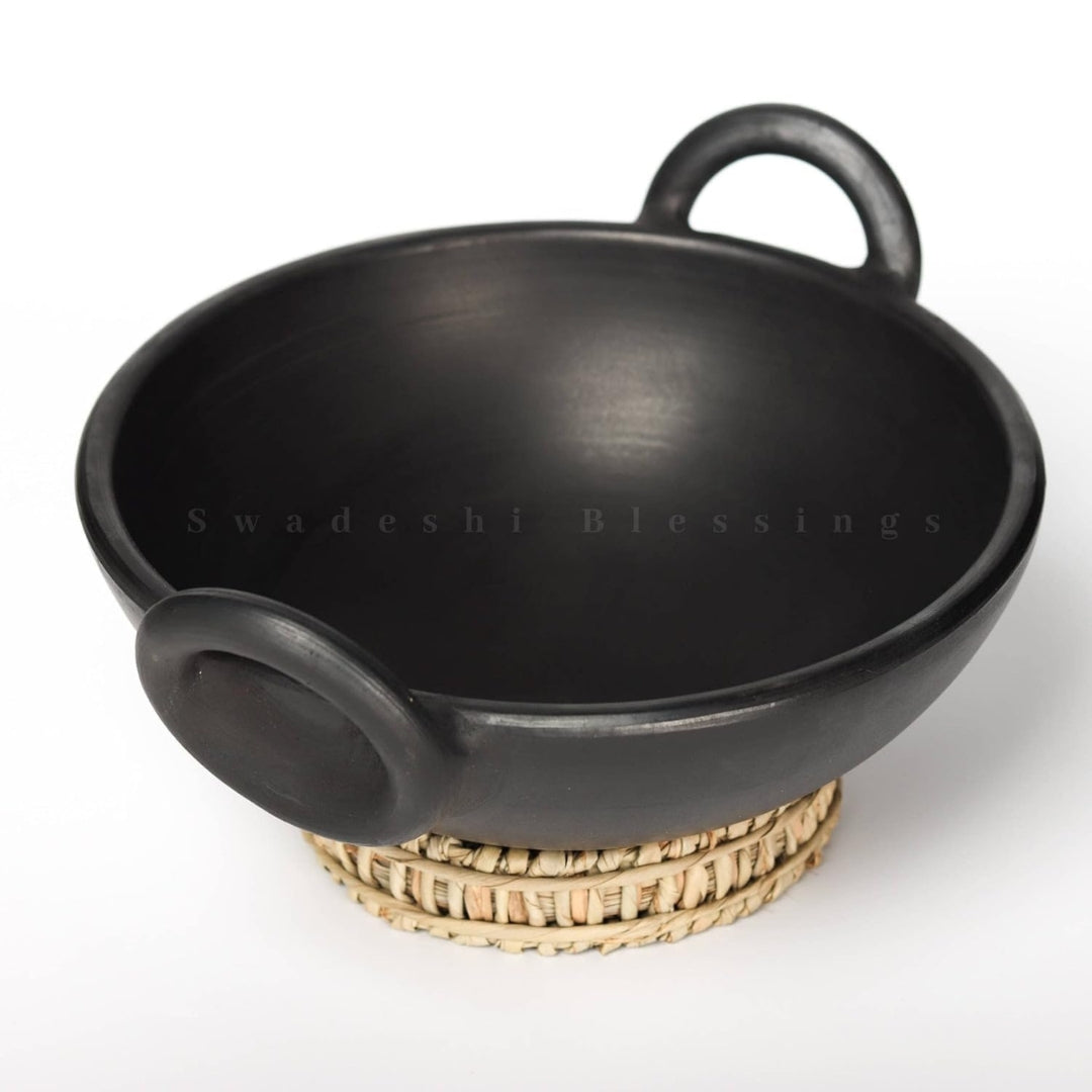 Unglazed Clay Handi / Terracotta pot / Earthen Kadai / Clay Pots Combo For Cooking & Serving, 1.8L & 2.8L, Black (Natural Firing Shade & Mirror Shine)+FREE ASH For Cleaning
