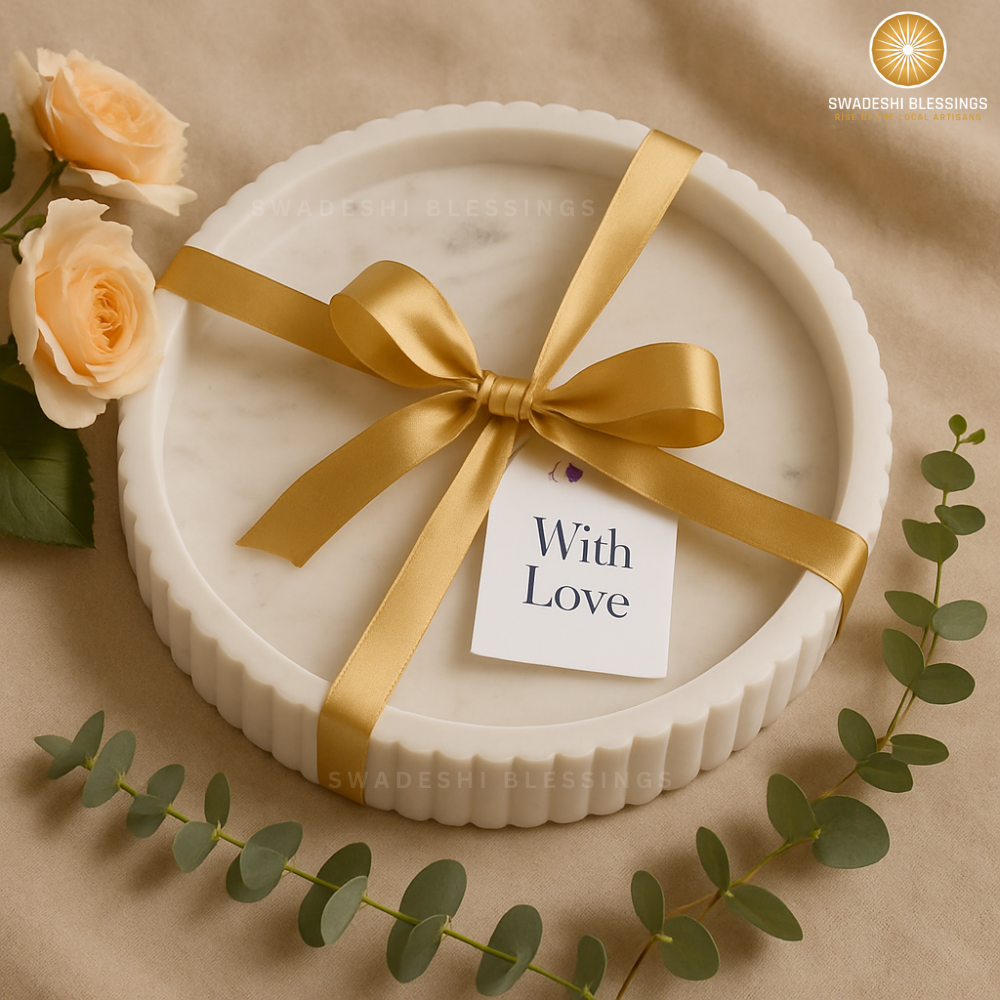 Handcrafted Marble Decorative Tray for Coffee Table Decor, Round Trays Home Decor, Ottoman Tray for Living Room, Coffee Table Tray, Dining Table Centerpiece Decor, Farmhouse Decor, 11&