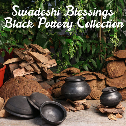 Premium Unglazed Clay Pot for Cooking | Earthen Kadhai | Terracota Black Handi | Clay Handi for Serving with Lid, 1.5L Black | Includes Free Palm Leaf Stand and Ash for Cleaning Swadeshi Blessings