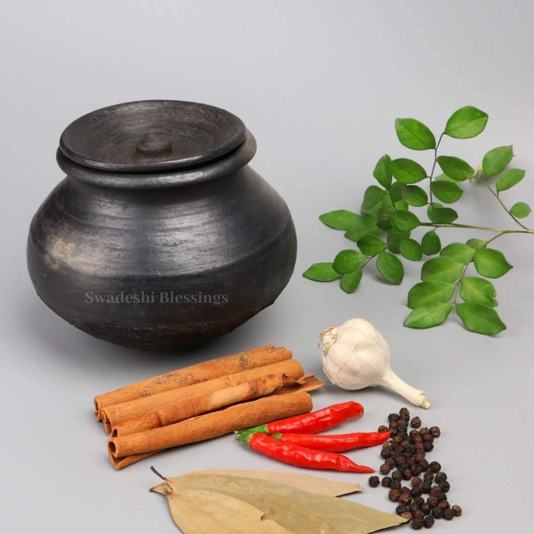 Premium Unglazed Clay Pot for Cooking | Earthen Kadhai | Terracota Black Handi | Clay Handi for Serving with Lid, 1.5L Black | Includes Free Palm Leaf Stand and Ash for Cleaning Swadeshi Blessings