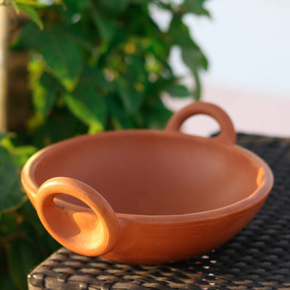 Premium Unglazed Clay Pot for Cooking | Earthen Kadhai | Terracota Kadhai | Clay Handi for Serving, 1.8L | Includes Free Palm Leaf Stand and Ash for Cleaning Swadeshi Blessings