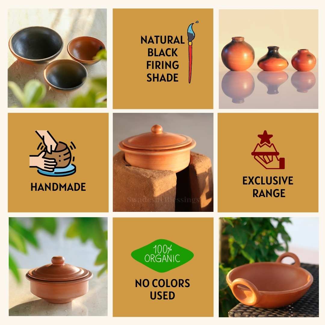 Premium Unglazed Clay Pot for Cooking | Earthen Kadhai | Kerela Handi | Clay Handi for Serving with Lid, 2.8L | Includes Free Palm Leaf Stand and Ash for Cleaning Swadeshi Blessings