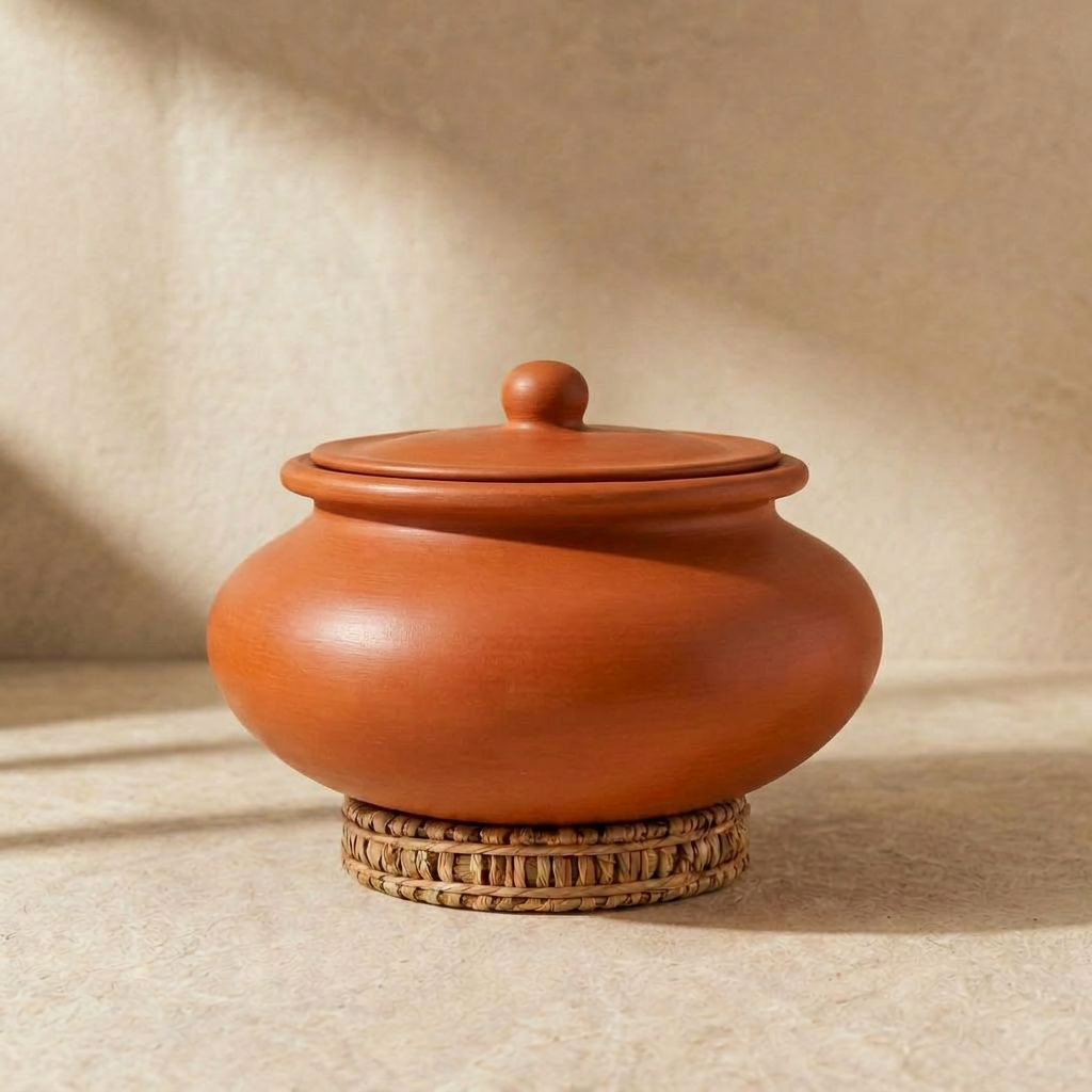 Premium Unglazed Clay Pot for Cooking | Clay Biryani Handi | Earthen Kadhai | Terracota Handi | Clay Biryani Handi for Cooking &amp; Serving with Lid | Includes Free Palm Leaf Stand and Ash for Cleaning