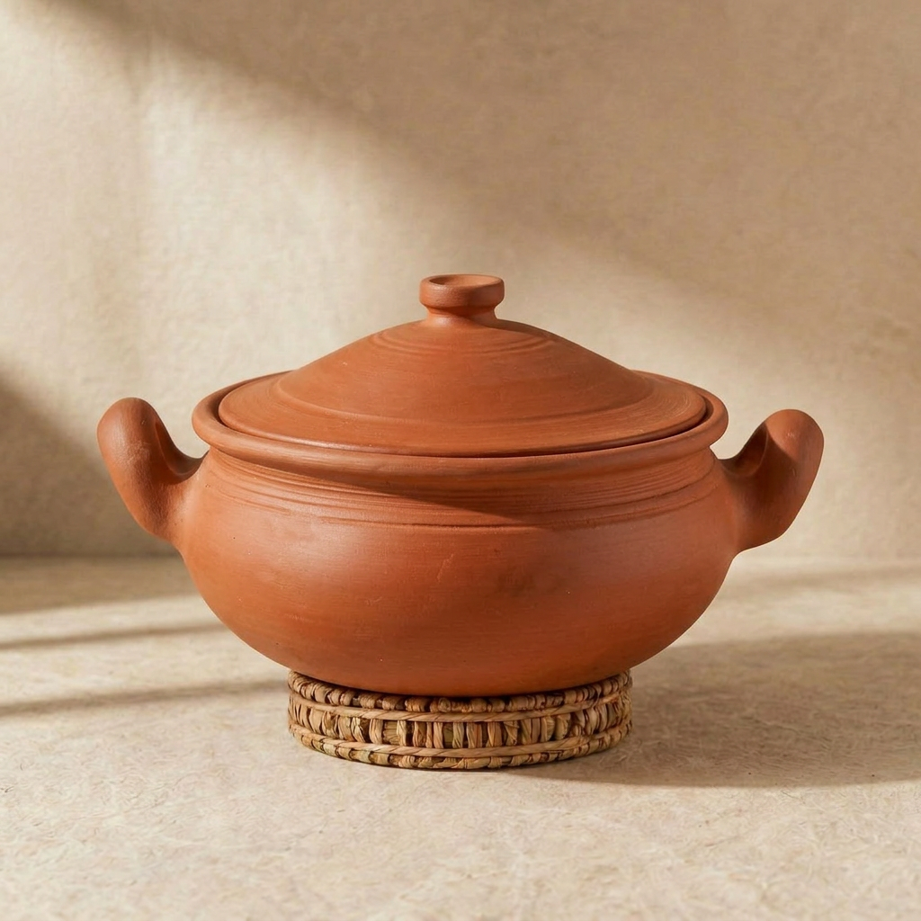 Unglazed Clay Pot for Cooking | Earthen Kadhai | Round Terracota Kadhai | Clay Handi for Serving with Lid | Includes Free Palm Leaf Stand and Ash for Cleaning