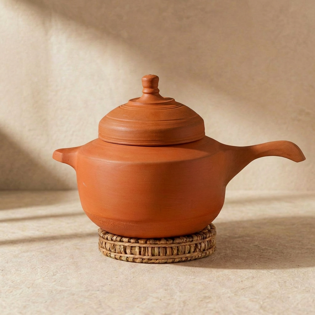 Premium Unglazed Clay Pot for Cooking with Lid | Indian Earthen Cooker | Clay Handi | Includes Free Palm Leaf Stand and Ash for Cleaning