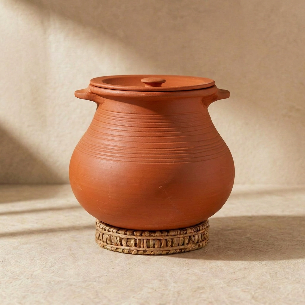 Unglazed Clay Pot for Cooking | Earthen Kadhai | Deep Terracota Kadhai | Clay Handi for Serving with Lid | Includes Free Palm Leaf Stand and Ash for Cleaning