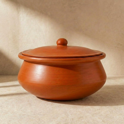 Unglazed Clay Handi / Earthen Hot Case / Flat-Base Clay Pots Combo for Cooking &amp; Serving with Lids – 2.5L &amp; 2.5L (Red) (Natural Firing Shade &amp; Mirror Shine) + FREE Ash for Cleaning