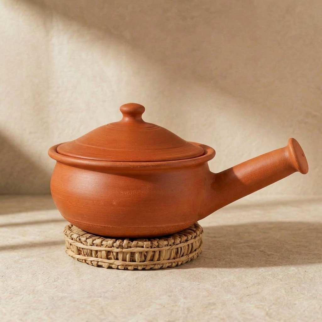 Premium Unglazed Clay Pot for Cooking | Clay Skillet | Frying Pan| Clay Sauce Pan With Lid | Includes Free Palm Leaf Stand and Ash for Cleaning