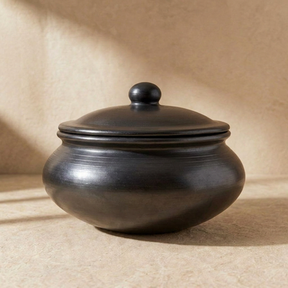 Unglazed Clay Handi &amp; Earthen Curd Pot  / Clay Pots Combo For Cooking &amp; Serving, 1.3L &amp; 2.8L, Black (Natural Firing Shade &amp; Mirror Shine)+FREE ASH For Cleaning