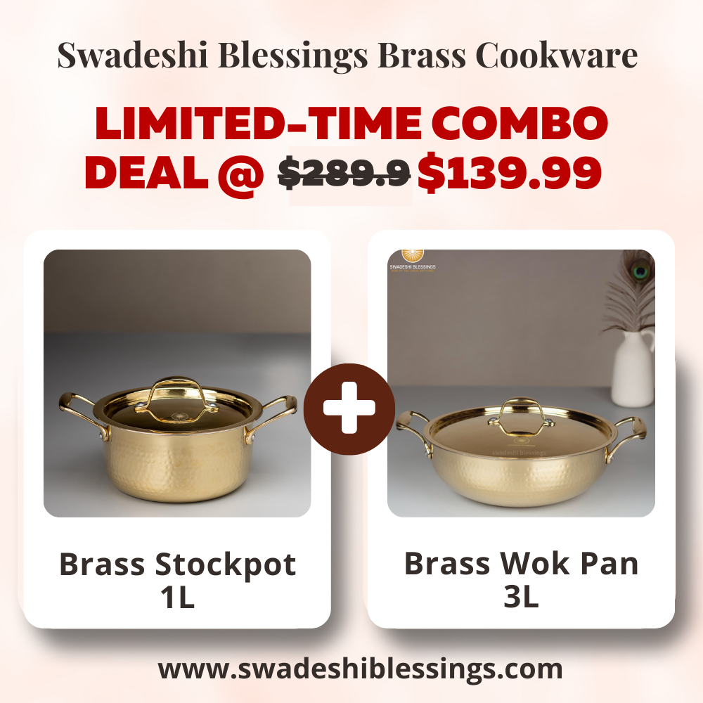 Swadeshi Blessings Exclusive Range Brass Kadai/ Non-Stick Brass Utensils with Tin Coating/Teflon-Free/ Brass Pot &amp; Kadai Combo 1L &amp; 3L