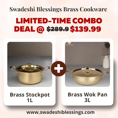 Swadeshi Blessings Exclusive Range Brass Kadai/ Non-Stick Brass Utensils with Tin Coating/Teflon-Free/ Brass Pot &amp; Kadai Combo 1L &amp; 3L