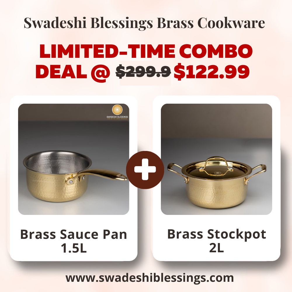 Swadeshi Blessings Exclusive Range Brass Pot/ Non-Stick Brass Utensils with Tin Coating/Teflon-Free/ Brass Sauce Pan &amp; Pot Combo 1.5L &amp; 2L