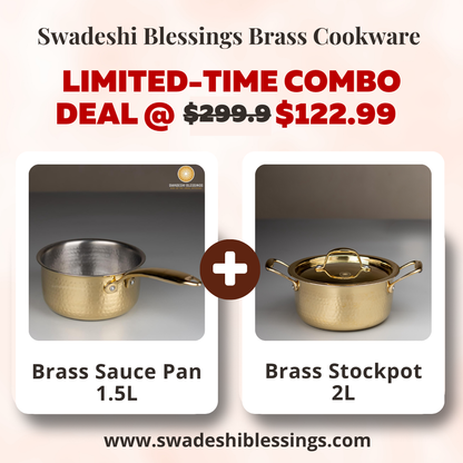 Swadeshi Blessings Exclusive Range Brass Pot/ Non-Stick Brass Utensils with Tin Coating/Teflon-Free/ Brass Sauce Pan &amp; Pot Combo 1.5L &amp; 2L