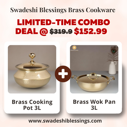 Swadeshi Blessings Exclusive Range Brass Kadai/ Non-Stick Brass Utensils with Tin Coating/Teflon-Free/ Brass Pot &amp; Kadai Combo 3L each