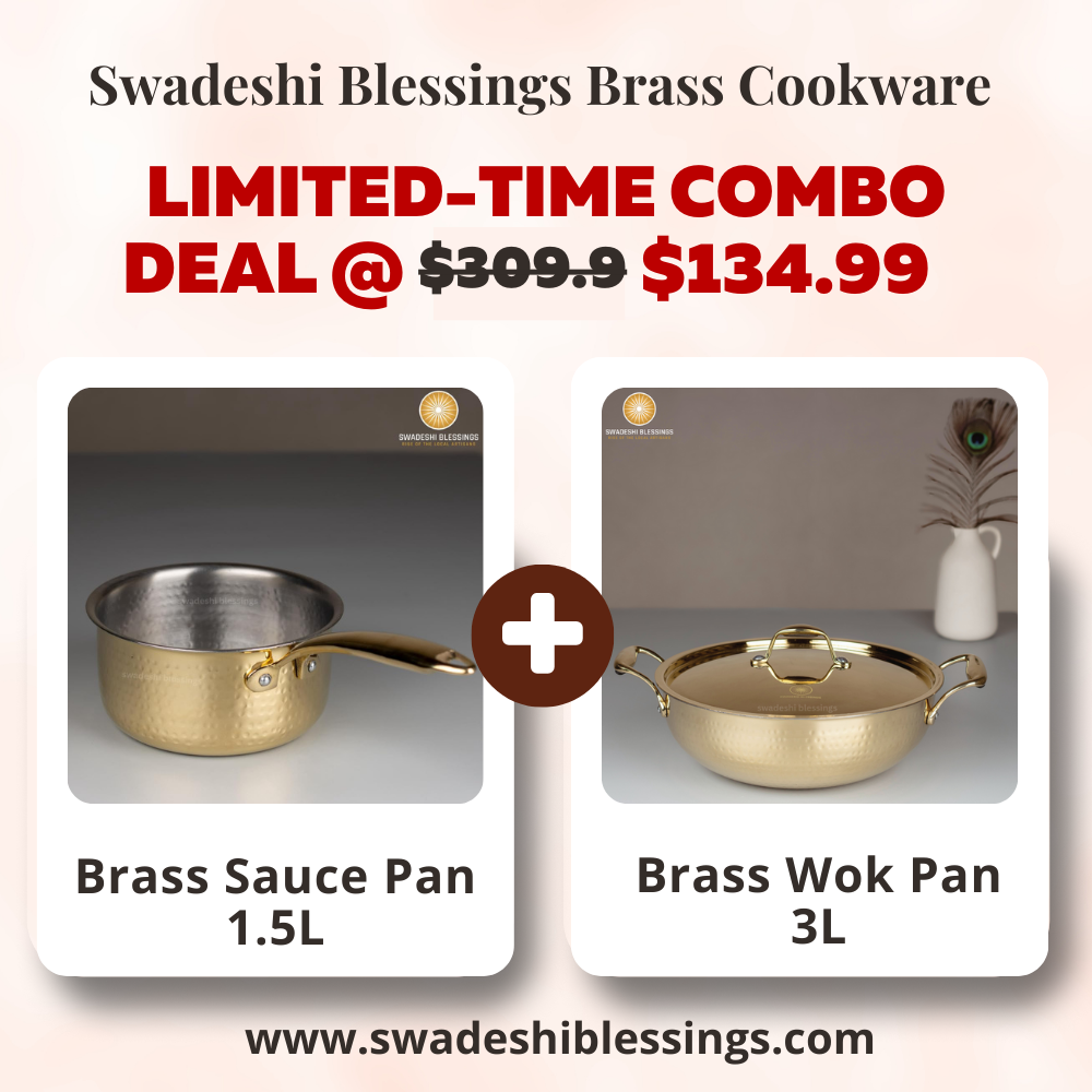 Swadeshi Blessings Exclusive Range Brass Kadai/ Non-Stick Brass Utensils with Tin Coating/Teflon-Free/ Brass Sauce Pan &amp; Kadai Combo 1.5L &amp; 3L