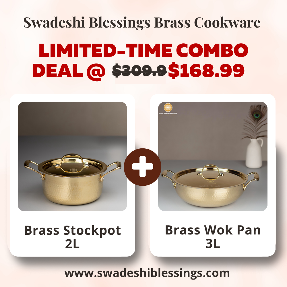Swadeshi Blessings Exclusive Range Brass Kadai/ Non-Stick Brass Utensils with Tin Coating/Teflon-Free/ Brass Pot &amp; Kadai Combo 2L &amp; 3L