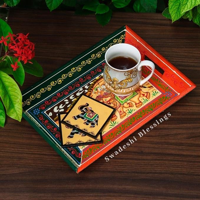 Premium HandPainted Wooden Serving Tray Set of 3 | Antique Diwali Decoration | Home Decor | Wedding, Housewarming Gift | Gift For Her Swadeshi Blessings