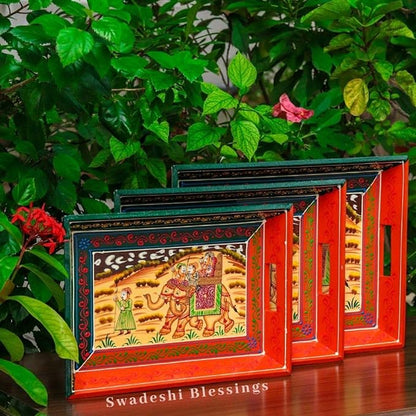 Premium HandPainted Wooden Serving Tray Set of 3 | Antique Diwali Decoration | Home Decor | Wedding, Housewarming Gift | Gift For Her Swadeshi Blessings