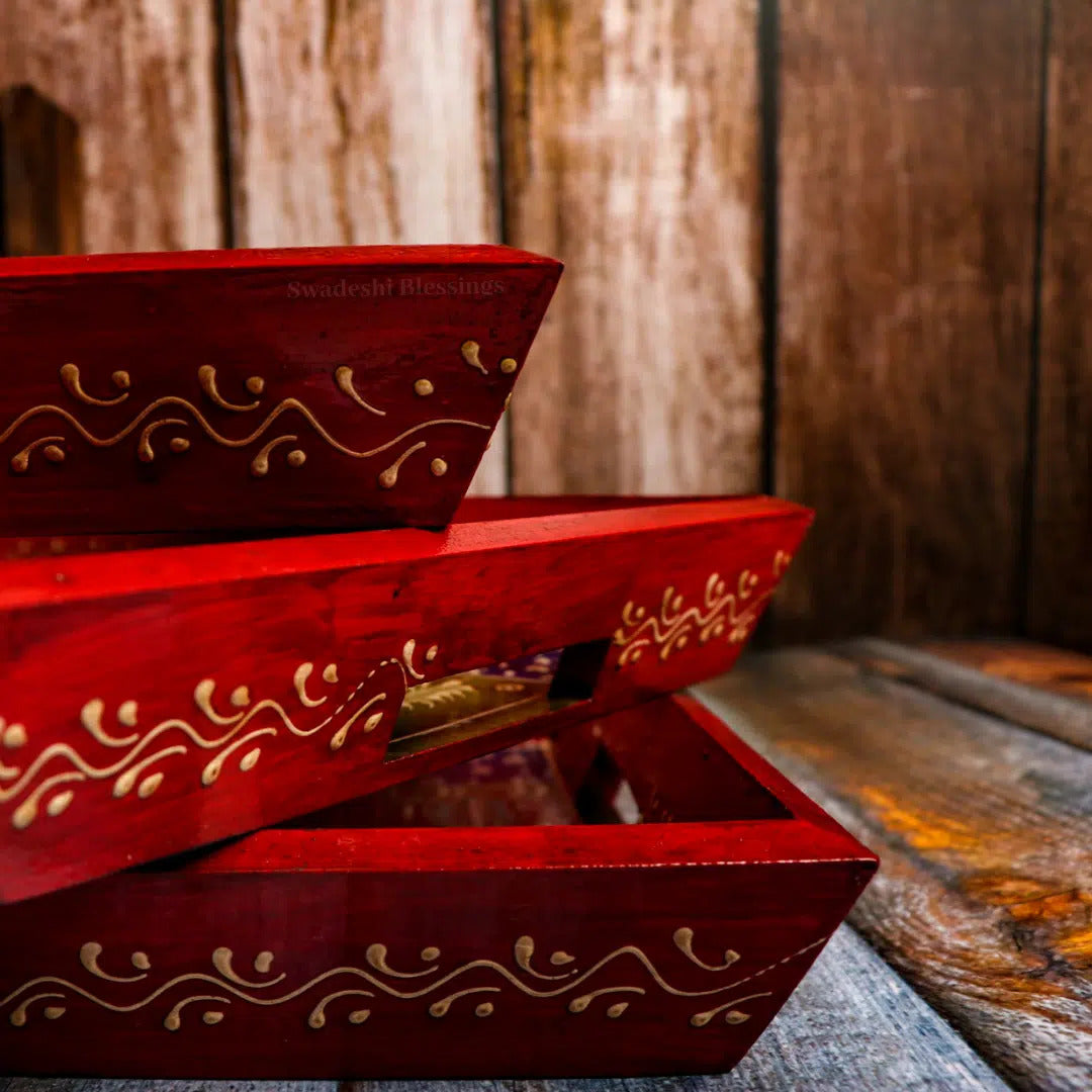 Premium HandPainted Wooden Serving Tray Set of 3 | Antique Diwali Decoration | Home Decor | Wedding, Housewarming Gift | Gift For Her Swadeshi Blessings